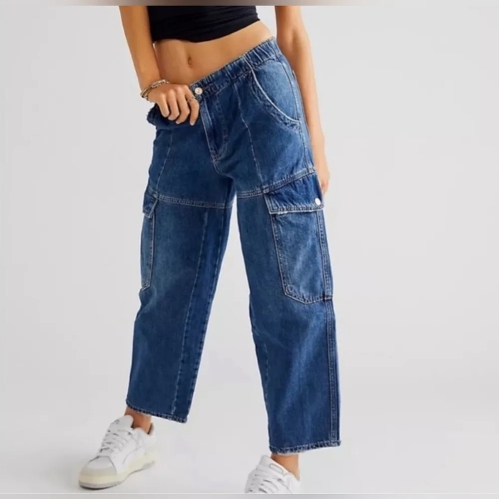 Free People All Star Pull On Jeans Utility Cargo Low Slung Baggy Denim Small - Picture 10 of 12